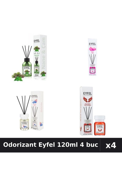 Eyfel Set 4 Odorizant Camera Betisoare 120ml - Pin Mentă, Bubble Gum, Orhidee...