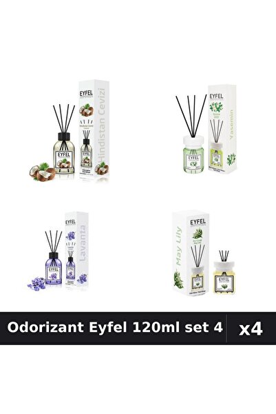 Eyfel Set 4 Odorizant Cameră Betișoare 120ml - Nuc Cocos, Iasomie, Lavandă, L...