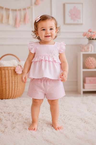 Tuğra Bebe Cream Ruffled Floral Appliqué Baby Girl Shorts Set