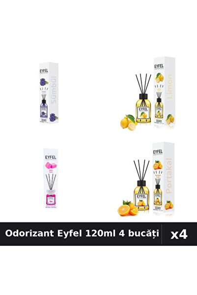 Eyfel Set 4 Odorizant Cameră Betișoare 120ml - Zambile, Lămâie, Bubble Gum, P...