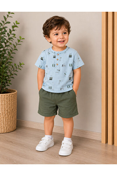 Stilera Boy's Muslin Fabric T-Shirt and Shorts Set Blue Green Color