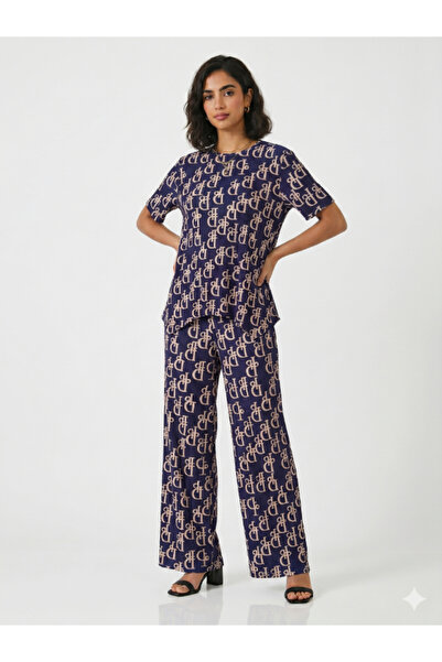 Topstar Two-Piece Pajama Set with Trendy Letter Print - Navy and Beige