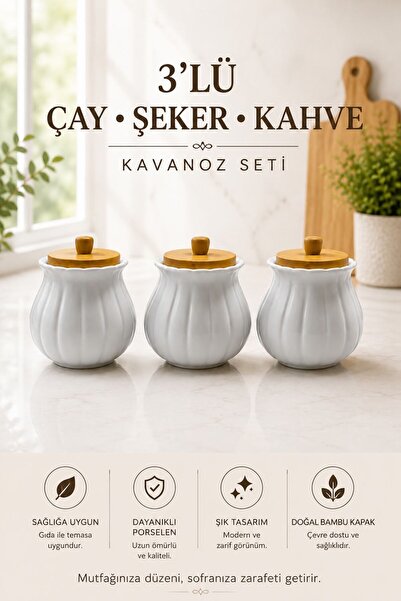 ENYAZA(2024) 3’lü Papatya Porselen Çay Kahve Şeker Kavanoz Seti Bambu Vakum K...