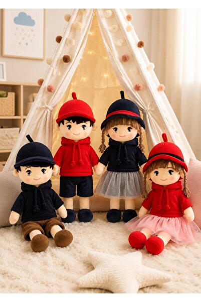 DAT Streetwear Style Plush Girl Doll 85cm Soft Stuffed Toy with Cap & Jacket Outfit – Red & Black