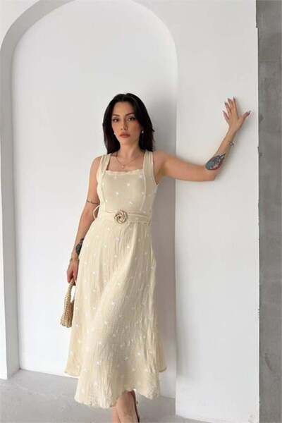 Dipmoda Rochie de vară de damă, bej, cu broderie florală, cu detaliu curea, g...