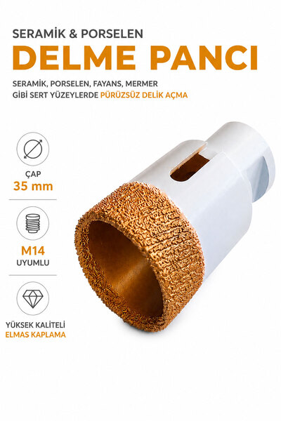 Badem10 Seramik Granit Delme Pançı 35 mm M14 Uyumlu Kuru Kesim Hassas Delik A...