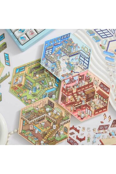 Arabest 4 Pcs 3D House Stickers,Reusable Waterproof Miniature Scene Landscapi...