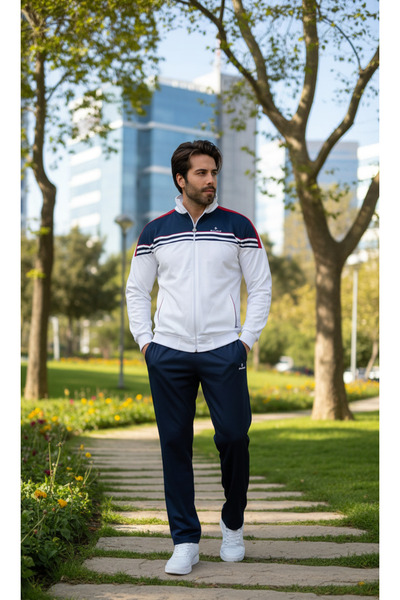 FORE SPORT Men's White Striped Rashell Tracksuit Set