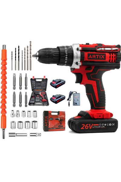 Artix 26V Cordless Electric Drill Set, 2X Li-Ion Batteries, Variable Speed & ...