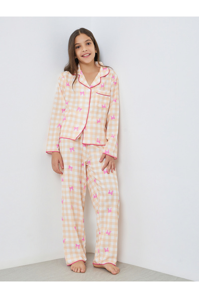 Take Two By Styli Teen Girls Bow Print Checked Shirt and Pyjama Set
