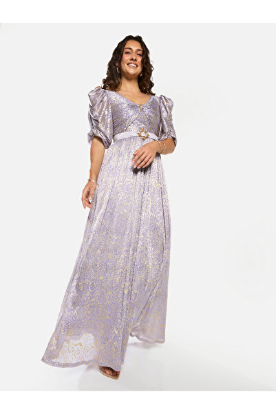 House of Moda By Styli Embellished Waist Draped Puff Sleeve Maxi Dress