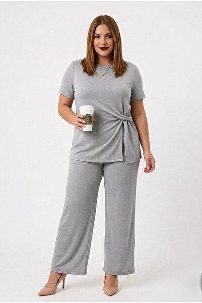 Koza Butik Women's Plus Size Short Sleeve Side Knotted Tracksuit Set 8257-26