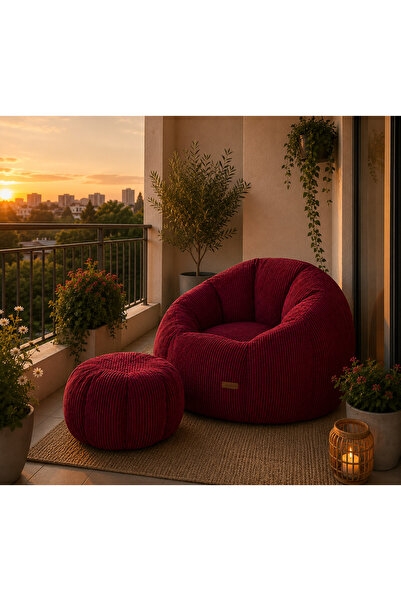 puffiber Balkon Takımı Büyük Puf Koltuk ve Ayak Pufu Seti – Bahçe, Teras ve Okuma Köşesi İçin Konforlu Berjer 95x80 Cm