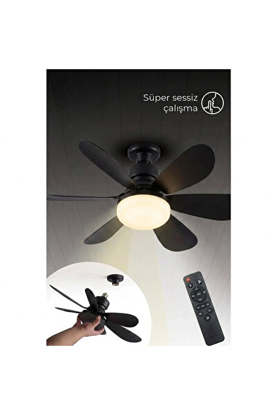 SeckinStore Lambalı Tavan Vantilatör Kumandalı Sessiz 6 Kanatlı Işıklı E27 Duy 36w Modern Led Aydınlatma Siyah Renk