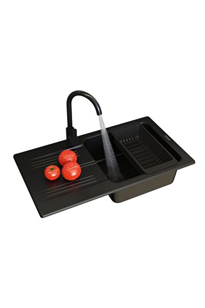 Granitan Chiuveta Granit Ada 78x44 cm Neagra, set cu robinet Prestige Plus si...