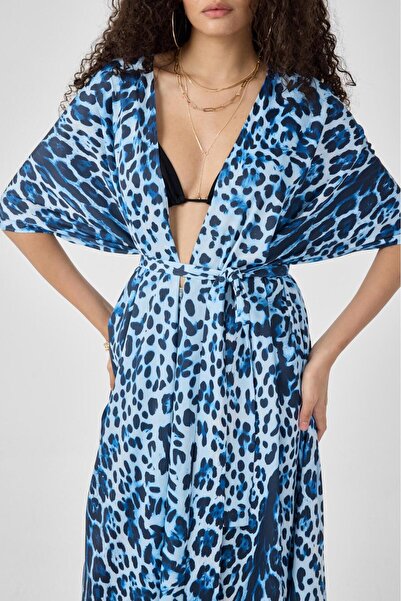 ZALİV Mavi Leopar Desenli Şifon Kimono Pareo Kadın Plaj Elbisesi