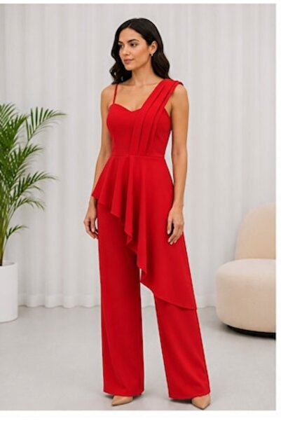 OEM Elegant women's jumpsuit with asymmetrical ruffle and wide straps, palazz...
