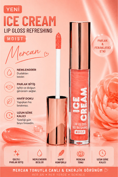 SETBEAUTY MERCAN SİMLİ RENKLİ DUDAK PARLATICI RUJ – ICE CREAM LİP GLOSS 01