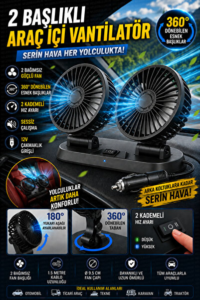 nelerbulurum Çift Başlıklı Araç İçi Vantilatör 12V Çakmaklık Girişli 2 Kademe...