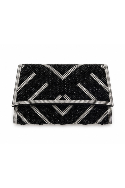 Genrric Luxurious Black Evening Bag with White Beading, Attractive Geometric ...