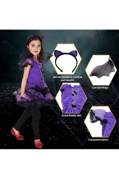Emarkiz Halloween Bat Girl Vampire Kids Costume Girl Tutu with Hair band and Wings (Purple, 4-5T)