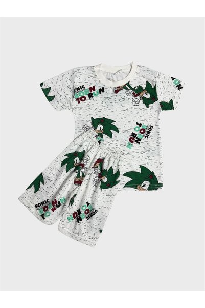 tusem butik homewear Boy's Cotton White Green Sonic Patterned Short Sleeve Summer Shorts Pajama Set
