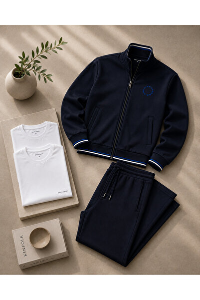 Pierre Cardin Men's Navy Blue Tracksuit & White Basic T-Shirt Double Combinat...
