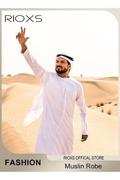 RIOXS قفطان رجالي، ثوب سعودي مسلمي بياقة مستديرة وأكمام طويلة، ثوب إسلامي دبي...