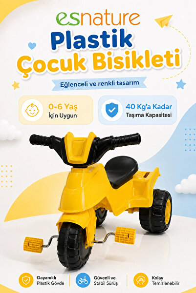esnature Plastik Çocuk Bisikleti 3 Tekerlekli Pedallı LED Işıklı Sarı 0-6 Yaş...
