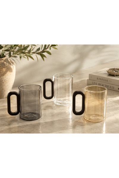 İnterlife Modern Acacia Handle Glass Mug – Smoked, Amber, and Clear Colored C...