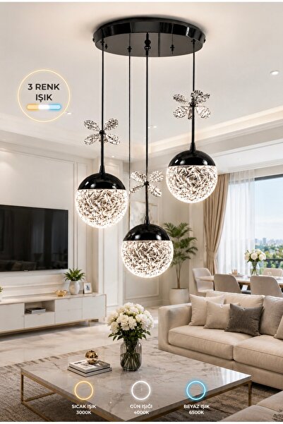Buiva Bruce Black Sarkıt Avize 3 Renk Işık Salon Oturma Yatak Odası Mutfak Avize Power Led Avize