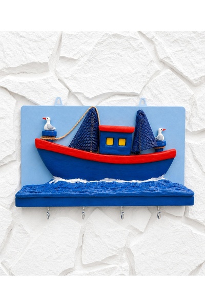 Melike "nin Atölyesi El Yapımı Marin Temalı Tekne Figürlü Duvar Askılığı - MDF Üzeri Taş Tozu Dekor Dekoratif Anahtarlık ve Havluluk (35x20 cm) Özgün Tasarım El Yapımı Anahtar Askılığı