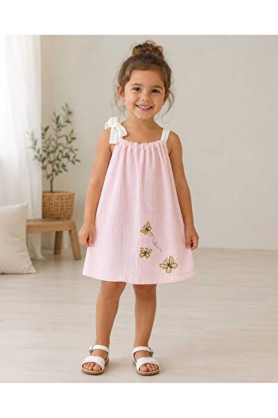 kidsense Kız Çocuk Kelebek Nakışlı Yazlık Müslin Elbise