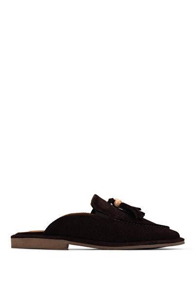 Tamer Tanca Women's Genuine Leather Brown Suede Flat Slippers