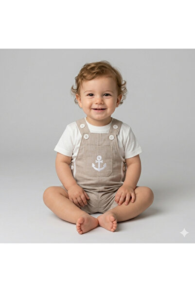 Saninbaby Çapa Nakışlı Keten Erkek Bebek Salopet Takım