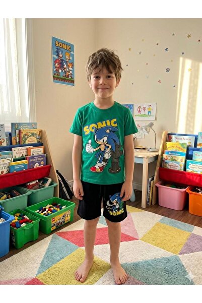 ALİŞ KİDS Boys' Cotton Green Sonic Patterned Short Sleeve Shorts Summer Set
