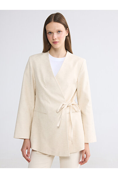 LC Waikiki I Double-Breasted Roba Collar Linen Blended Tie-Up Women's Jacket ...
