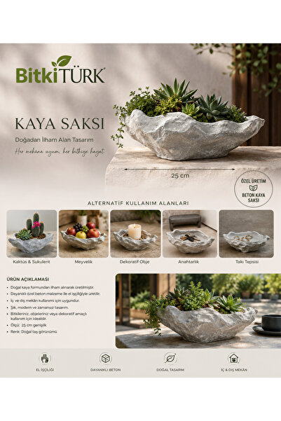 BitkiTÜRK 🌿 Özel Üretim Beton Kaya Saksı 25 cm | Bonsai Saksısı | Dekoratif ...