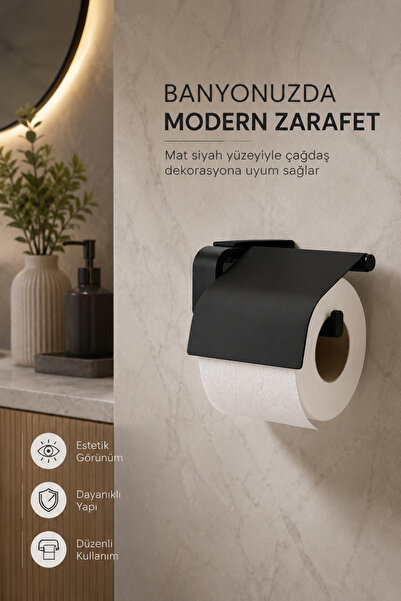 Alper Banyo Premium F1 Model Siyah Kapaklı Tuvalet Kağıdı Askısı Paslanmaz Çe...