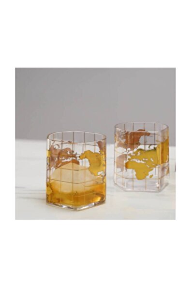 Paşabahçe World Map Patterned Luxury Whiskey Glass Set of 2 Handmade 350 Cc