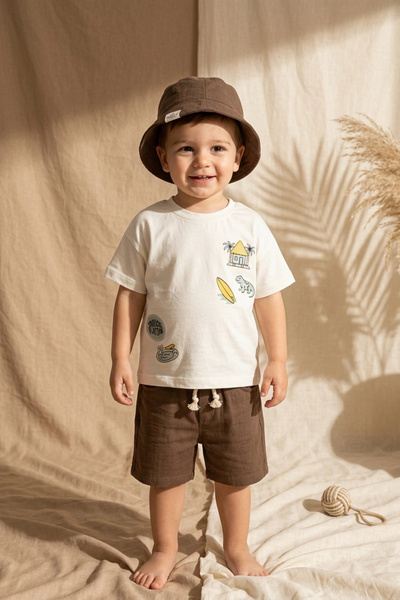 Babydonat Boy's 100% Cotton Safari Themed Cream T-Shirt and Brown Shorts Set ...