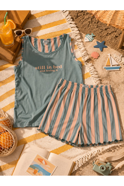 Mihra Milan Kumaş Çizgili Şortlu Pijama Takımı – Mint & Somon