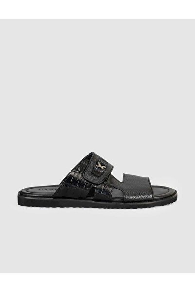 Cabani Croco Detailed Black Men's Leather Slippers