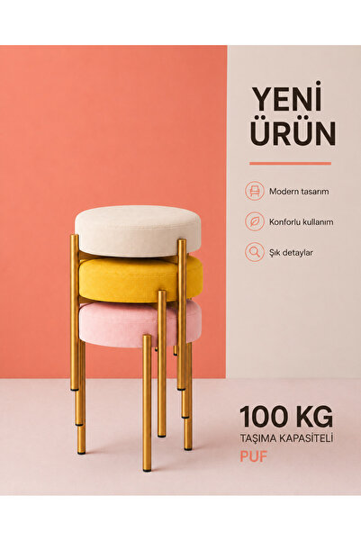 EDMONDA EV AKSESUAR 3 ADET KARIŞIK RENK GOLD METAL YUVARLAK PUF MUTFAK TABURESİ
