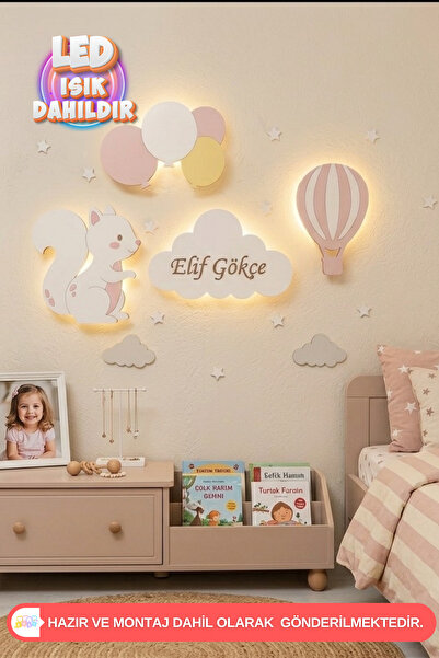 UmayBabyDekor Sincaplı 4’lü Set Çocuk Duvar Dekorasyonu Ledli Duvar Dekorasyonu