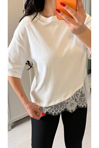 Wear Up Short Sleeve Crew Neck Viscose Two-Thread Blouse with Lace Detail