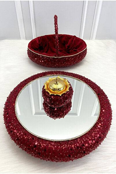 ZEYMERADE Burgundy Shiny Stone Henna Night Tray Basket Bridal Set, Sequin Mir...
