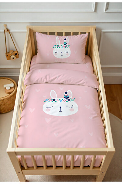Evmila Pink Rabbit Patterned Baby Duvet Cover Set Double-Sided 100X150 cm Wit...