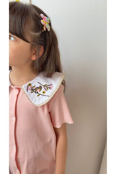 VOSVOSBABY Pink Collar Embroidered Detail Terry Shorts Set