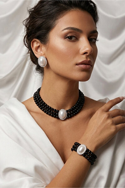 Happyline Oval İnci Taşlı Siyah İncili Choker Set Takım, Siyah Cam İncili Kol...